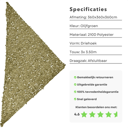 Cheqo® Schaduwdoek Camouflage - Camouflagenet - Camouflage Net - Buitennet - Driehoek 360x360x360cm - Olijfgroen - 210D Polyester - 3x 3.50m Touw - Met Afsluitbare Draagzak