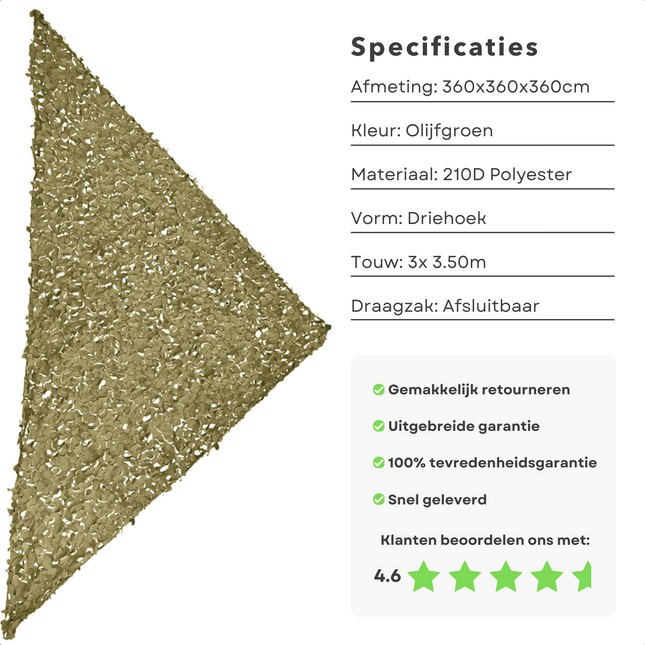 Cheqo® Schaduwdoek Camouflage - Camouflagenet - Camouflage Net - Buitennet - Driehoek 360x360x360cm - Olijfgroen - 210D Polyester - 3x 3.50m Touw - Met Afsluitbare Draagzak