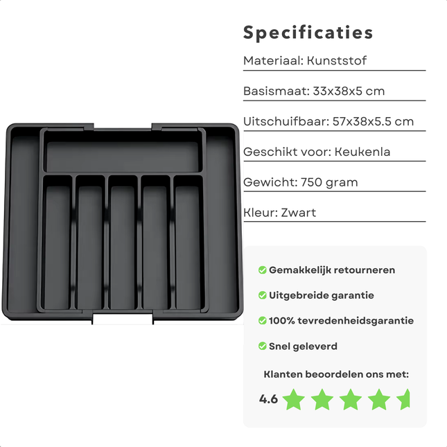 Uitschuifbare Cheqo® bestekbak van kunststof met 8 vakken, zwart ontwerp, specificaties en garantie-informatie weergegeven.