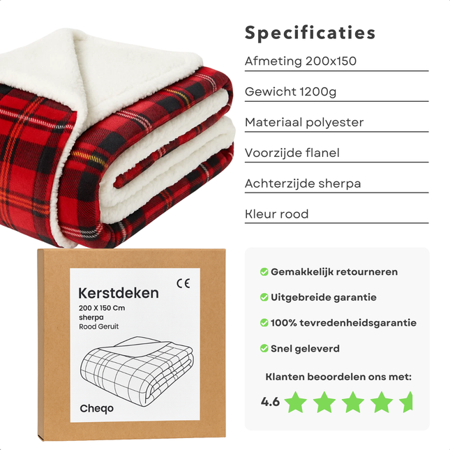 Cheqo® Kerstdeken - 200x150 CM - Plaid Rood Geruit - Flanel Sherpa Fleece - Zachte Warmteplaid - Schotse Ruit - Sfeervolle Woondecoratie - Polyester - Flanel met Print - Sherpa Achterzijde - 1200 Gram - Plaid - Woonaccessoire - Winterdeken