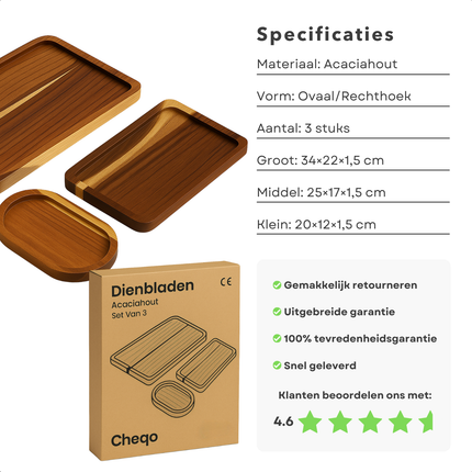 Cheqo® Houten Dienbladen Set - Dienblad Set - Serveerplateau - Borrelplank Set - Kaasplank - Duurzaam & Trendy - 3 Stuks - Hout