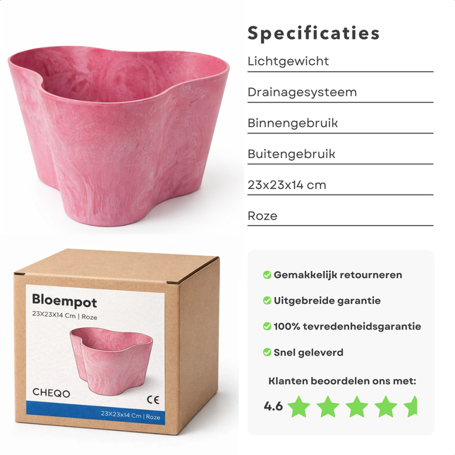 Cheqo® Bloempot Roze - Plantenpot Roze - Bloempot - Plantenpot - Sierpot Roze - Sierpot - Pot voor Kamerplant - Bloempot voor Binnen - Bloempot voor Buiten - Plantenpot voor Binnen - Plantenpot voor Buiten - Bloempot met Drainage