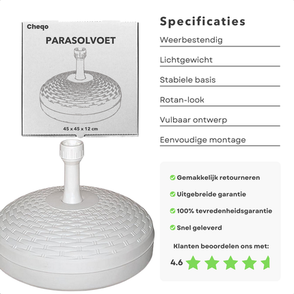 Cheqo® Parasolvoet Wit - Vulbaar met Water of Zand - Parasol Voet - Stevige Parasolhouder voor Buiten
