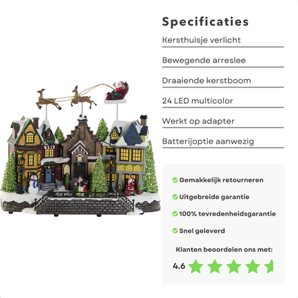 Cheqo® Kerstdorp Vliegende Arreslee - Kersthuisje - Kersttafereel met LED Verlichting - 35 cm - Kunststof - Met Muziek