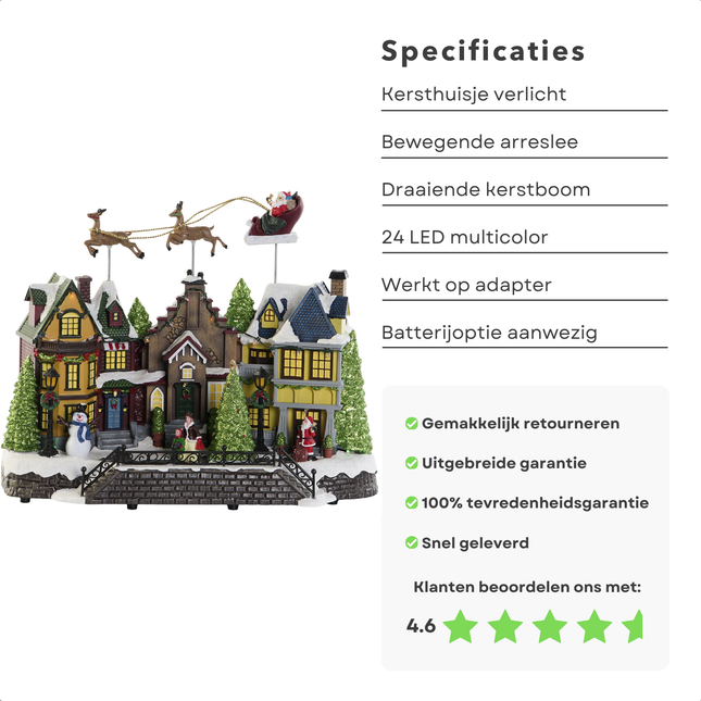 Cheqo® Kerstdorp Vliegende Arreslee - Kersthuisje - Kersttafereel met LED Verlichting - 35 cm - Kunststof - Met Muziek