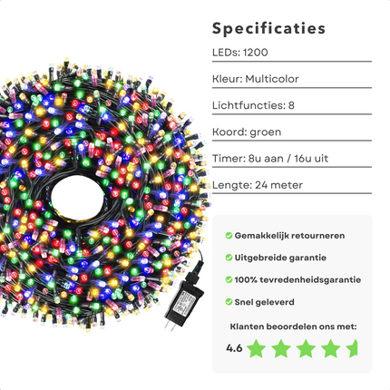 Cheqo® Kerstverlichting - Kerstboomverlichting - Kerstlampjes - Microcluster - 1200 LED - 24M - Voor Binnen en Buiten - Timer - Veelkleurig - 8 Lichtfuncties - Lang Snoer - Multicolor - Gekleurde Kerstverlichting - Sfeerverlichting - Feestverlichting Kerstboomverlichting