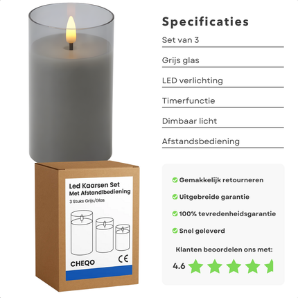 Cheqo® LED Kaarsen Set – Inclusief Afstandsbediening – Grijs Glasdesign – Werkt op Batterijen – Timerfunctie – Dimbare Verlichting – Twee Lichtstanden – Decoratieve Kaarsen – Elektrische Kaarsen - LED Kaars