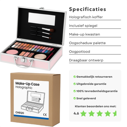 Cheqo® Make-Up Koffer voor Meisjes - Make-Up Koffer Met Spiegel - Makeup Kinderen - Holografisch Design - Complete Make-Up Set - Beauty Koffer - Draagbare Make-Up Koffer - Reis Make-Up Koffer - Make-Up Koffer