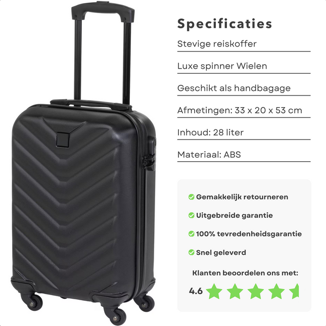 Cheqo® Lichtgewicht Handbagage Koffer 55 cm - Spinner Wielen & Cijferslot - ABS Trolley met Aluminium Trekstang - Zwart - Reiskoffer