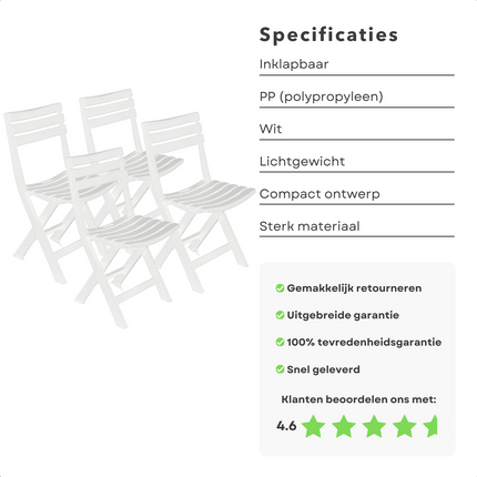 Cheqo® Set van 4 Inklapbare Tuinstoelen - Lichtgewicht Tuinstoelen voor Buiten - Comfortabele Tuinstoelen - Max Belasting 120 kg - Praktische Tuinstoelen Set - Tuinstoel Set - Wit