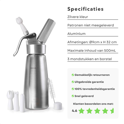 Cheqo Slagroomspuit 0.5L aluminium with 3 nozzles and brush, silver, 4.6-star rating, easy return and satisfaction guarantee.