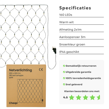 Cheqo® Netverlichting Buiten - Kerstverlichting - Kerstlampjes - Kerstboomverlichting voor Binnen en Buiten - 160 LED Lampjes - Lichtnet IP44 Waterdicht - Warm Wit Licht - LED Lichtsnoer - 2x1 Meter - Groene Kabel