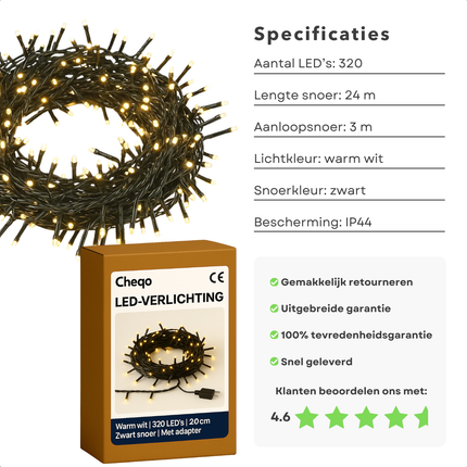 Cheqo® Kerstverlichting - Kerstboomverlichting - Kerstlampjes - Kerst Verlichting - Warm Wit Licht - 320 LED Lampjes - Geschikt Voor Binnen En Buiten - IP44 - 24 Meter Lichtsnoer - Kerstverlichting Buiten