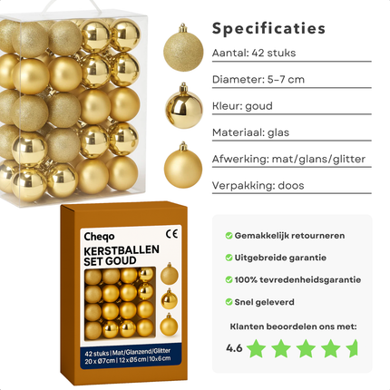 Cheqo® Kerstballen Set - Gouden Kerstballen - Kerstboom Decoratie - Glazen Kerstballen - Feestelijke Uitstraling - Chique Kerstversiering - Matte Kerstballen - Glimmende Kerstballen - Glitter Kerstballen - Kerstballen Goud