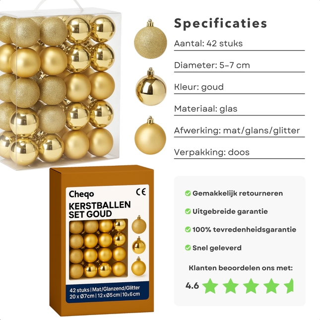 Cheqo® Kerstballen Set - Gouden Kerstballen - Kerstboom Decoratie - Glazen Kerstballen - Feestelijke Uitstraling - Chique Kerstversiering - Matte Kerstballen - Glimmende Kerstballen - Glitter Kerstballen - Kerstballen Goud
