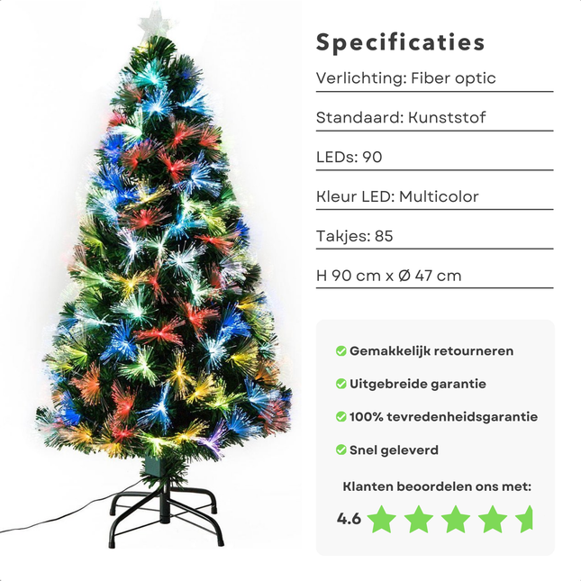 Cheqo® Kunstkerstboom Met Verlichting - Kerstboom met Kerstlampjes - Kerstboomverlichting - 90 cm - Multicolor LED - Fiber Optic - Binnengebruik
