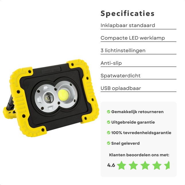 Cheqo® Compacte LED-Werklamp - USB oplaadbaar - 10W - 800 Lumen - 3 Lichtinstellingen - Inklapbare Standaard - Schokbestendig - Spatwaterdicht - Incl. Micro USB-kabel - 17x12x5 cm - Bouwlamp - Breedstraler - Anti-Slip - Schokbestendig - Spatwaterdicht Bouwlampen