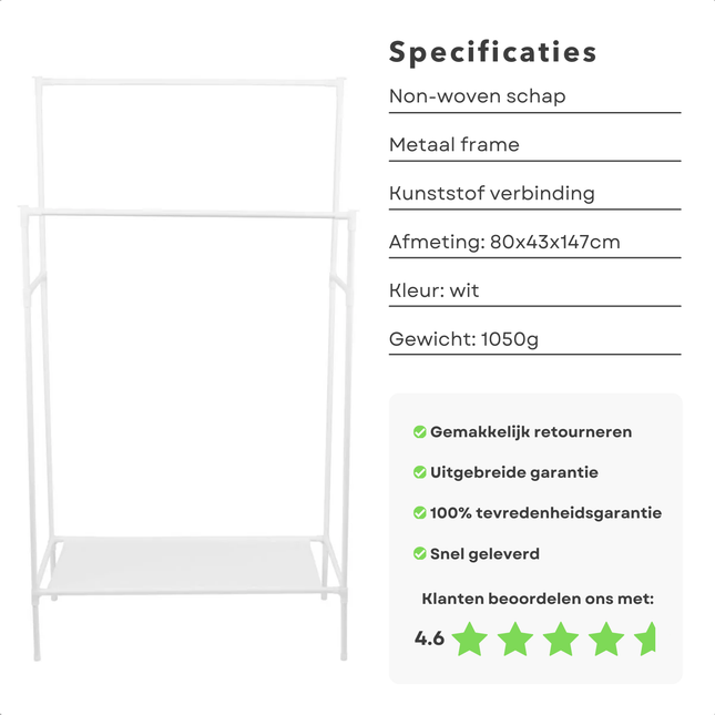 Wit metalen Cheqo kledingrek met non-woven schap en specificaties zoals afmetingen 80x43x147 cm, 4.6-sterrenbeoordeling.