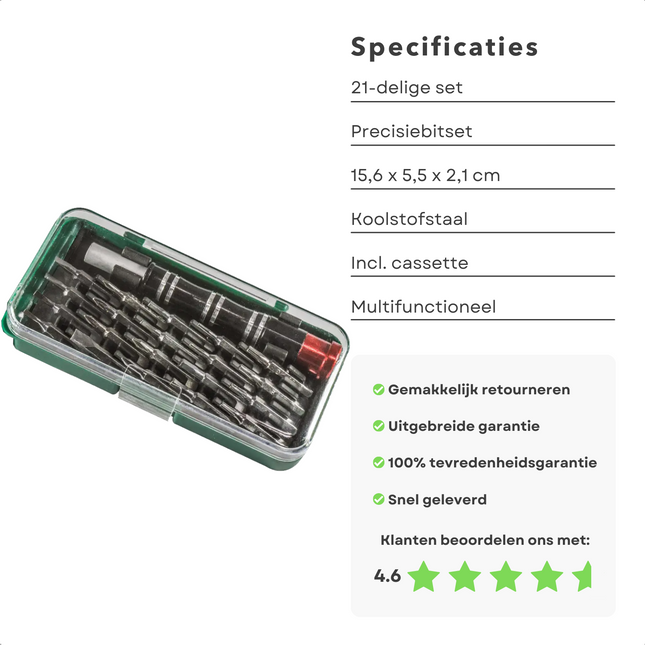 Cheqo® Precisie Bitset 21 delig - Professionele Kwaliteit - S2 Gereedschapstaal -  Voor de Professional - Sleuf, Kruiskop, Inbus, Torx - Handige Cassette met Zichtvenster - 28mm Precisiebits -  Gereedschapset Bit en Boren Sets