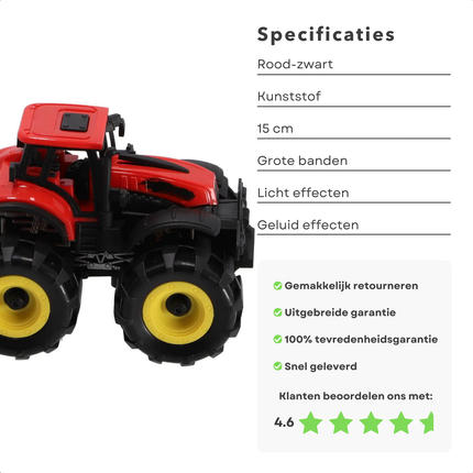 Cheqo® Speelgoedtractor - Speelgoed Tractor - Rood/Zwart - 15 cm - Licht en Geluid - Kunststof