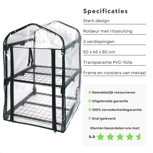 Cheqo® Kweekkas - 2 verdiepingen - 50 x 45 x 80 cm - Voor Planten - Metalen Frame - Transparante PVC Hoes - Roldeur met Rits - Eenvoudig Op te Rollen Hoes - Broeikas - Kas - Serre - Muurkas - Tuinkas - Waterbestendig Tuinkassen