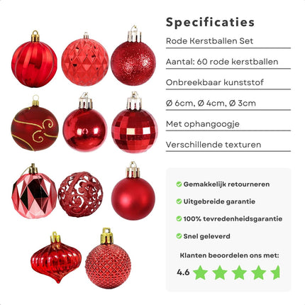Cheqo® Kerstballen Set 60 Stuks - Rood - Kunststof - Onbreekbaar - Kerstboomversiering - Kerstversiering - Verschillende Formaten & Designs - Kerstboom - Kerstballenset - Kerstdecoratie - Christmas - Met Ophangoog - Mat - Glanzend - Glitters Kerstballen