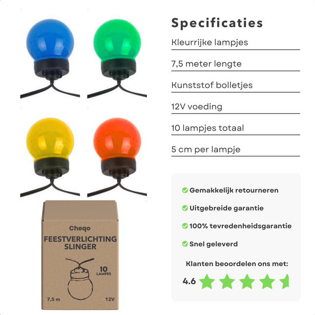 Cheqo® Gekleurde Lichtsnoer - Tuinverlichting - Feestlampjes - Lichtslinger voor Buiten Terras en Camping - 7.5M - Feestverlichting - Sfeerverlichting Buiten