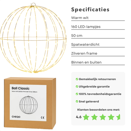 Cheqo® Kerstverlichting Buiten - Decoratieve Bal - Warm Witte LED - Spatwaterdicht - Tuinverlichting - Kerstdecoratie - Zilveren Frame - LED Lampjes - Timer Functie - 50 CM Diameter - Hangende Verlichting - IP44 - Kerst Decoratie
