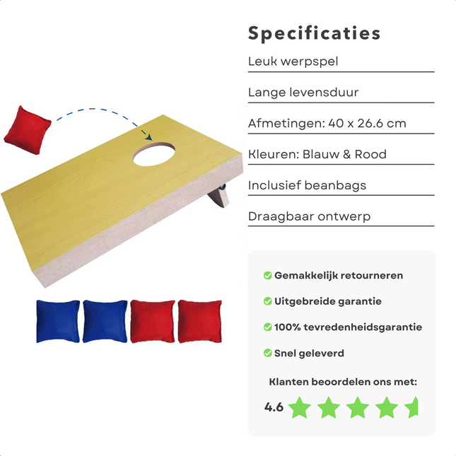 Cheqo® Cornhole Spel - Pittenzak Werpspel - Toss Game - Buitenspeelgoed Beanbag Werpspel - Plank Werpspel met Rode en Blauwe Beanbags