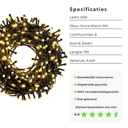 Cheqo® Kerstverlichting - Kerstboomverlichting - Kerstlampjes - 600 LED - 9M - Voor Binnen en Buiten - Timer - 8 Lichtfuncties - Lang Snoer - Extra Warm Wit - Clusterverlichting - Sfeerverlichting - Feestverlichting Kerstboomverlichting