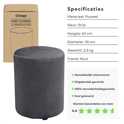 Cheqo® Poef Fluweel Grijs - Poefje - Bijzettafel - Voetenbankje - Stijlvolle Zitmeubel - Compact Design - Modern Interieur