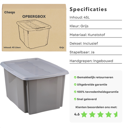 Cheqo® Opbergbox 45L - Opslagbox - Opbergdoos - Grijs - Met Deksel - Kunststof - Ideaal voor Kleding en Decoratie