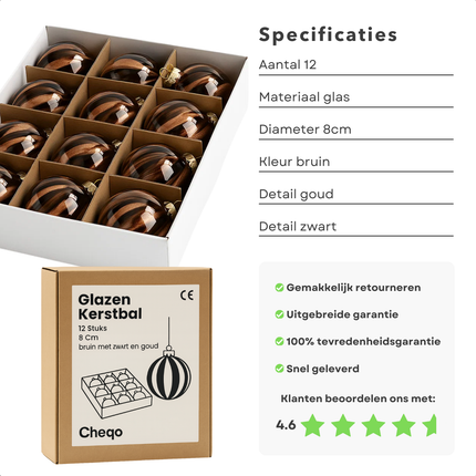 Cheqo® Glazen Kerstballen - Set van 12 - Bruine Kerstballen - 8 CM Diameter - Glanzende Kerstballen - Kerstboomversiering - Kerstversiering - Bruin met Zwart en Goud - Goudkleurig Kapje - Kerstbal Set - Glazen Kerstornamenten - Bruine Tinten