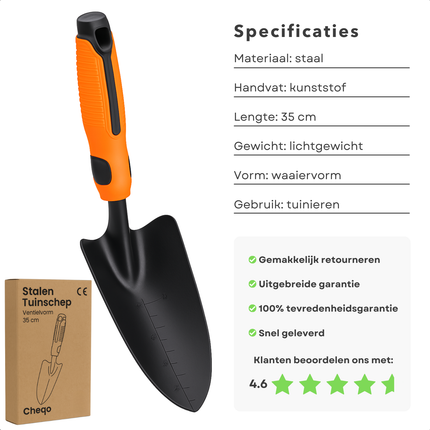 Cheqo® Tuinschep met Maataanduiding – Stevig Tuinschepje – Handschep – Ergonomisch Handvat – Tuinieren Schep – Duurzaam Tuingereedschap – Voor Planten Aanplanten & Grond Beluchten