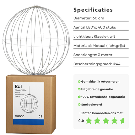 Cheqo® Kerstverlichting Buiten - LED Kerst Bollen - Tuin Kerstlampjes - Verlichte Bal - Klassieke Witte LED - Spatwaterdichte Adapter - Timerfunctie - Metalen Frame - 400 LED Lampjes - Diameter 60 cm - Lichtgrijze Kleur