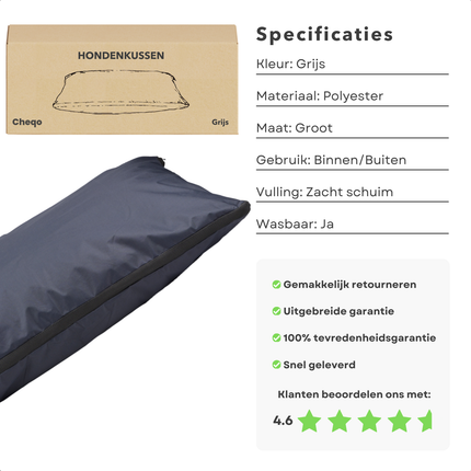 Cheqo® Hondenkussen - Huisdierbed - Hondenmand - Benchkussen - Hondenbed - Waterdicht - Voor Grote Honden - Grijs