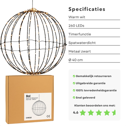 Cheqo® Verlichte Bal Voor Buiten - Warm Wit LED-Licht - Kerstbal LED - Kerstfiguur - Kerstverlichting Voor Buiten - 260 LED Lampjes - Timerfunctie - Stevig Zwart Metaal - Moderne Uitstraling - Tuinverlichting - Sfeerverlichting