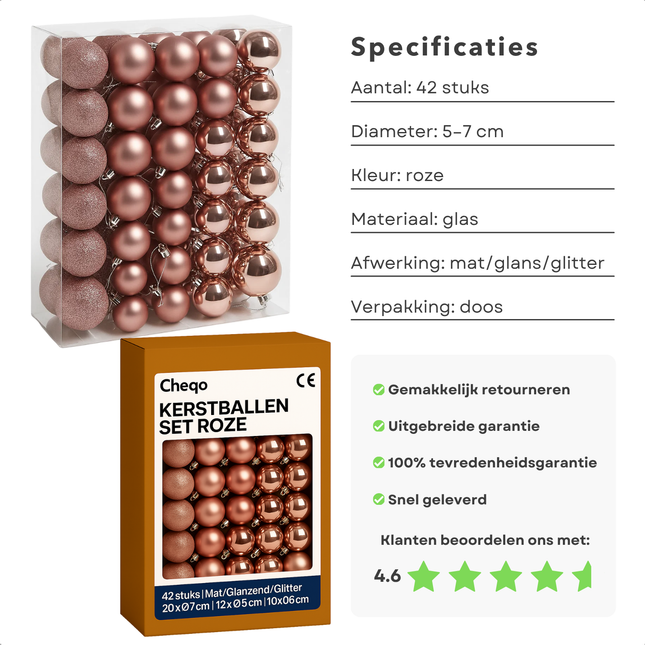 Cheqo® Kerstballen Set - Roze Kerstballen - Glazen Kerstballen - Ø7 cm Kerstballen - Kerstboom Decoratie - Chique Uitstraling - Feestelijke Kerst - Matte Kerstballen - Glimmende Kerstballen - Glitter Kerstballen - Kerstbal Set Roze