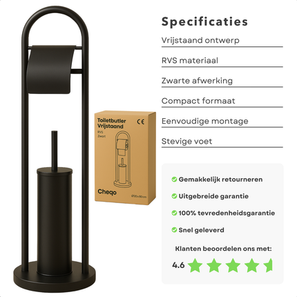 Cheqo® Vrijstaande Toiletbutler - Vrijstaand Toilet Butler - Zwart RVS - Touletborstel met Houder - WC Rol Houder - Rolhouder - Moderne Toiletaccessoires - 80 cm Hoog - Stijlvol en Duurzaam