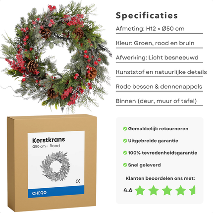 Cheqo® Kerstkrans Rood - Ø50 cm - Traditionele Kerstkleuren - Groene Dennennaaldjes - Rode Besjes - Bruine Dennenappels - Witte Afwerking - Licht Besneeuwd Effect - Eenvoudige Ophanging - Kerst Krans - Deurkrans