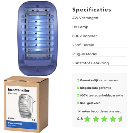 Cheqo® Insectenkiller - Insectendoder - Insectenlamp - Vliegenlamp - Vliegenvanger Elektrisch - Muggenlamp - Muggenvanger - Muggenstekker - Insectenverdelger - Elektrische Insectendoder - UV Insectenlamp