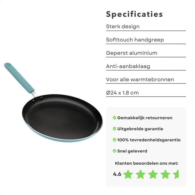 Cheqo® Hippe Pannenkoekpan - 24cm - Mint - Geperst Aluminium - Anti-aanbaklaag - Mintgroene Softtouch Handgreep - Geschikt voor Inductie - Ø24 x 1.8cm - Voor Alle Warmtebronnen - Anti-Aanbaklaag - Lange Levensduur - Omeletpan - Koekenpan Koekenpannen