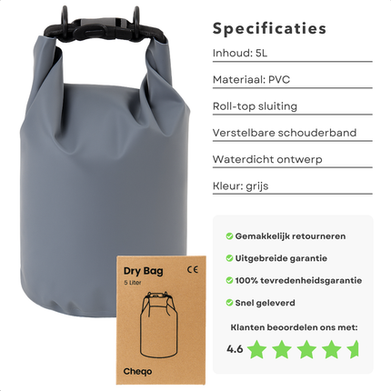 Cheqo® Waterdichte Tas 5 Liter – Dry Bag Grijs – Outdoor Tas met Roll-Down Sluiting – PVC Plunjezak – Sporttas & Strandtas – Verstelbare Schouderband – Stof- en Watervrij – Unisex Zeiltas – Compact & Duurzaam – Zwemhulp