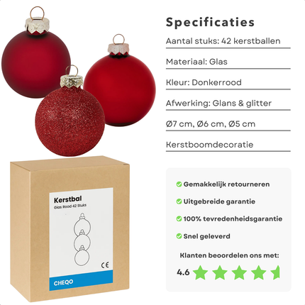 Cheqo® Donkerrode Glazen Kerstballen - Kerstboomversiering Donkerrood - Warme Feestelijke Uitstraling - Glittervariant Kerstballen - Kerstbal Set Van 42 Stuks - Kerstboom Decoreren - Kerstballen Rood - Rode Kerstballen