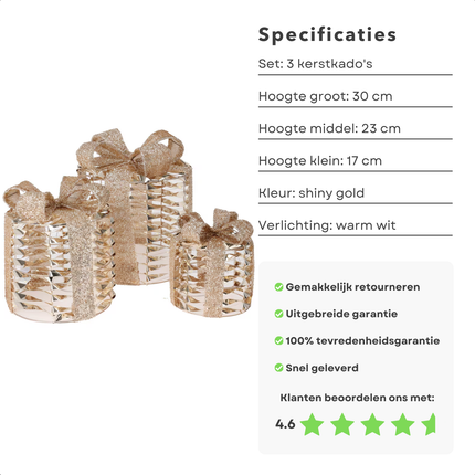 Cheqo® Kerstdecoratie Verlichting - Cadeau Set - Kerstverlichting - Kerst Figuur - Kerstlampjes - Kerstversiering - Gouden Cadeauset - LED Timer - Kunststof & Metaal