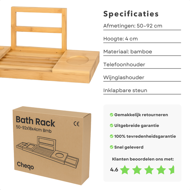 Cheqo® Luxe Verstelbare Badplank Bamboe – Uitschuifbaar Badrek – Badplank met Boekensteun, Tablethouder, Wijnglashouder & Bekerhouder – Waterbestendig Badkuiprekje – Compacte Opberging – Badaccessoires Hout