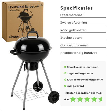 Cheqo® Houtskool Barbecue Ø45 cm - Houtskoolbarbecue - Met Deksel en Wielen - Draagbare BBQ voor Tuin of Camping