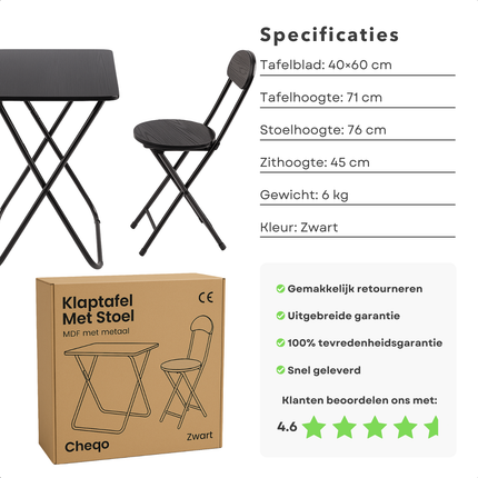 Cheqo® Universele Tafel Set met Stoel - Bureau - Eettafel - Kindertafel - Klaptafel Met Stoel - Ideaal voor Kinderen - Kinderkamer - MDF - Zwart