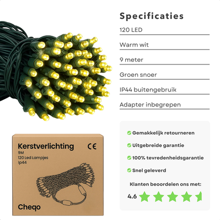 Cheqo® Kerstverlichting - Kerstlampjes - Kerstboomverlichting voor Buiten - Kerstboomverlichting Binnen - 120 LED Lampjes - Warm Wit Licht - LED Lichtsnoer - IP44 Waterdicht - 9 Meter Lengte - Groene Kabel - Energiezuinig