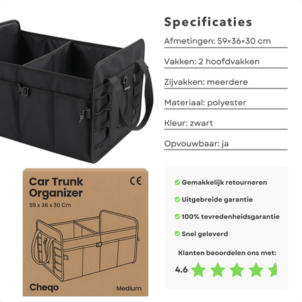 Cheqo® Kofferbak Organizer Auto – Opvouwbare Auto Opbergtas met Meerdere Compartimenten – Zwarte Kofferbak Opbergbox – Anti-Slip Ontwerp met Klittenband – Auto Accessoires – Waterdicht – Autostoel Organizer – Gereedschapstas